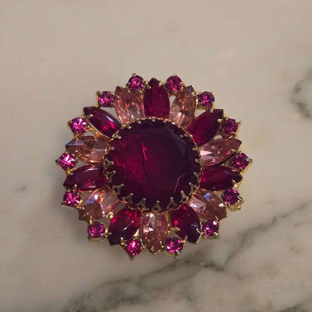 Vintage Faux Ruby & Amethyst Rhinestone Domed Brooch Statement Jewelry
